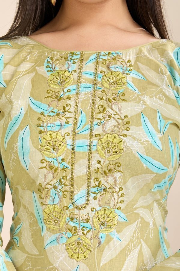 Pure Semi - Cambric Print Suit with Mal Cotton Dupatta in Green - Anusheet Fashion