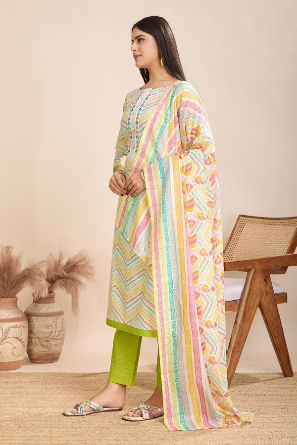 Pure Semi - Cambric Print Suit with Mal Cotton Dupatta in Multicolor - Anusheet Fashion