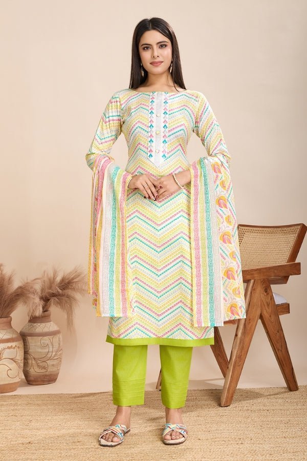 Pure Semi - Cambric Print Suit with Mal Cotton Dupatta in Multicolor - Anusheet Fashion