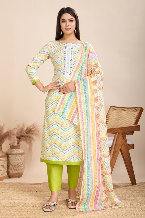 Pure Semi - Cambric Print Suit with Mal Cotton Dupatta in Multicolor - Anusheet Fashion