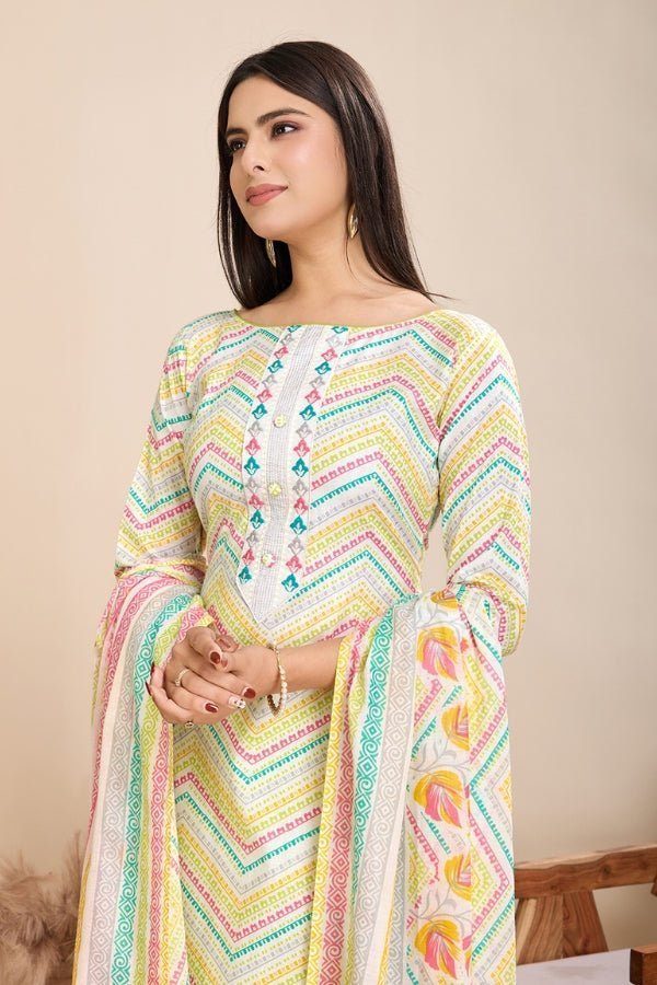 Pure Semi - Cambric Print Suit with Mal Cotton Dupatta in Multicolor - Anusheet Fashion