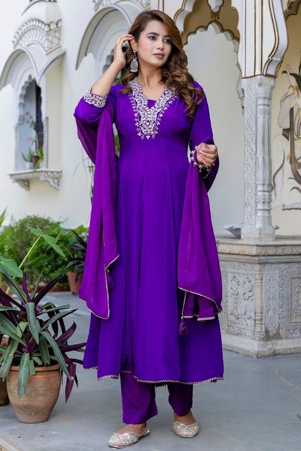 Purple Muslin Anarkali with Exquisite Neck Handwork - Anusheet Fashion