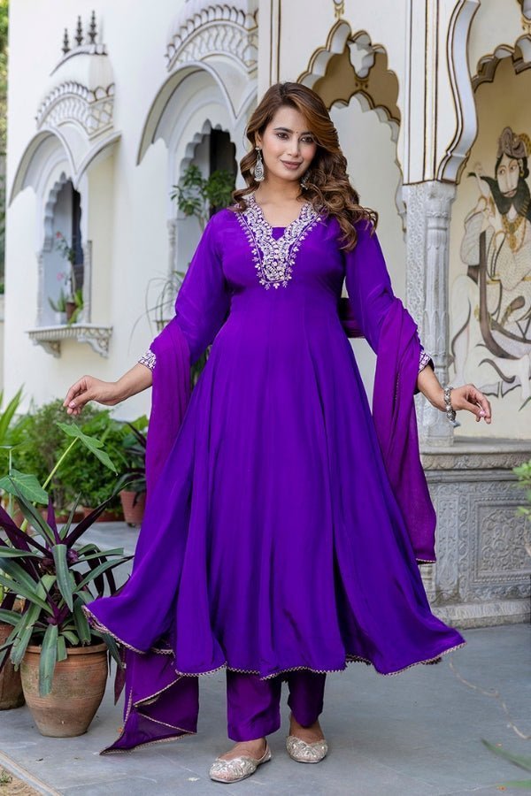 Purple Muslin Anarkali with Exquisite Neck Handwork - Anusheet Fashion