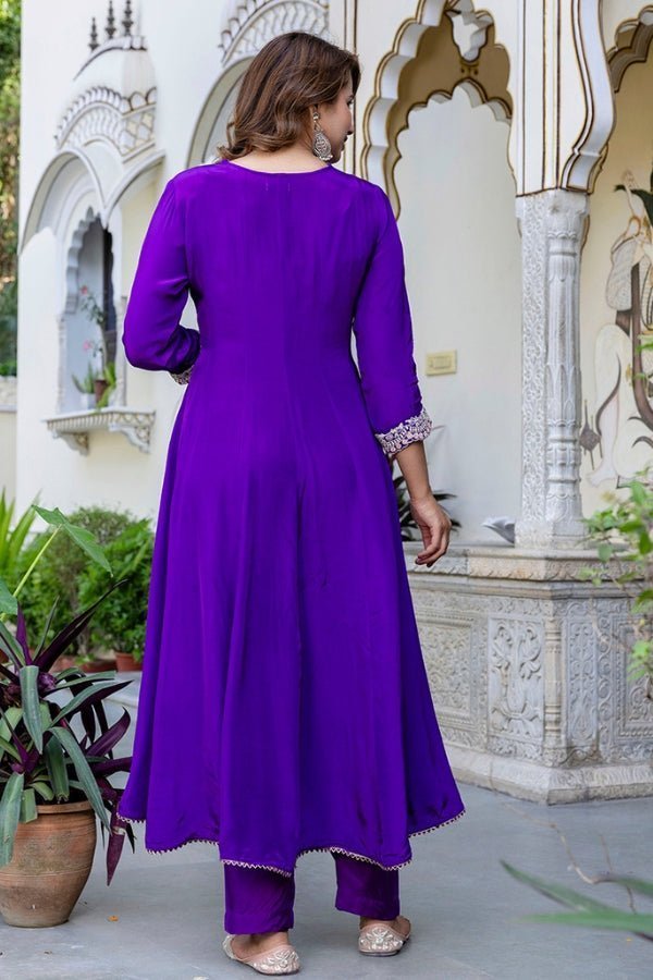 Purple Muslin Anarkali with Exquisite Neck Handwork - Anusheet Fashion
