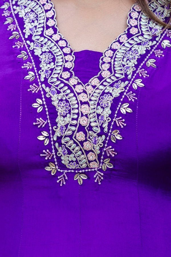 Purple Muslin Anarkali with Exquisite Neck Handwork - Anusheet Fashion