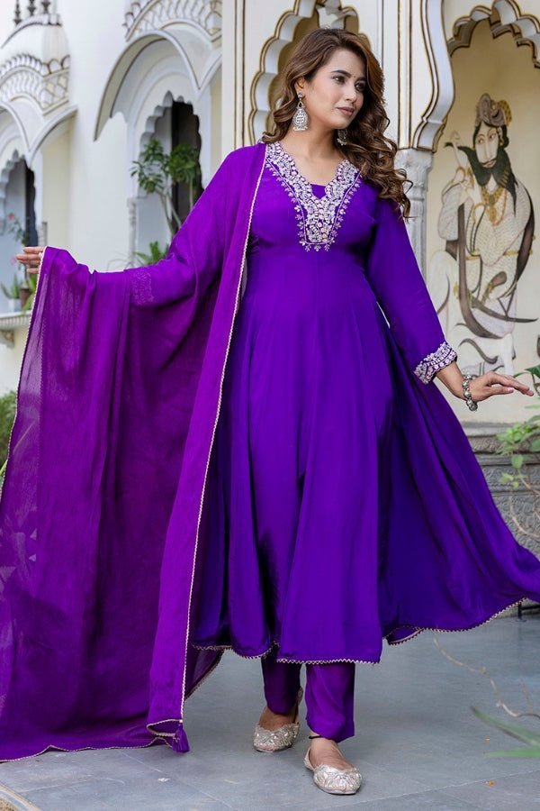 Purple Muslin Anarkali with Exquisite Neck Handwork - Anusheet Fashion