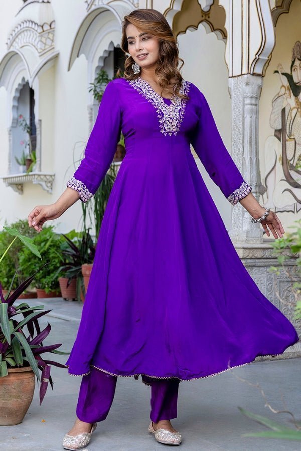Purple Muslin Anarkali with Exquisite Neck Handwork - Anusheet Fashion