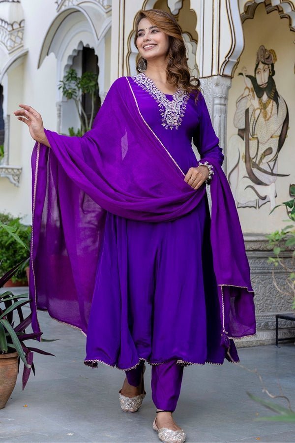 Purple Muslin Anarkali with Exquisite Neck Handwork - Anusheet Fashion
