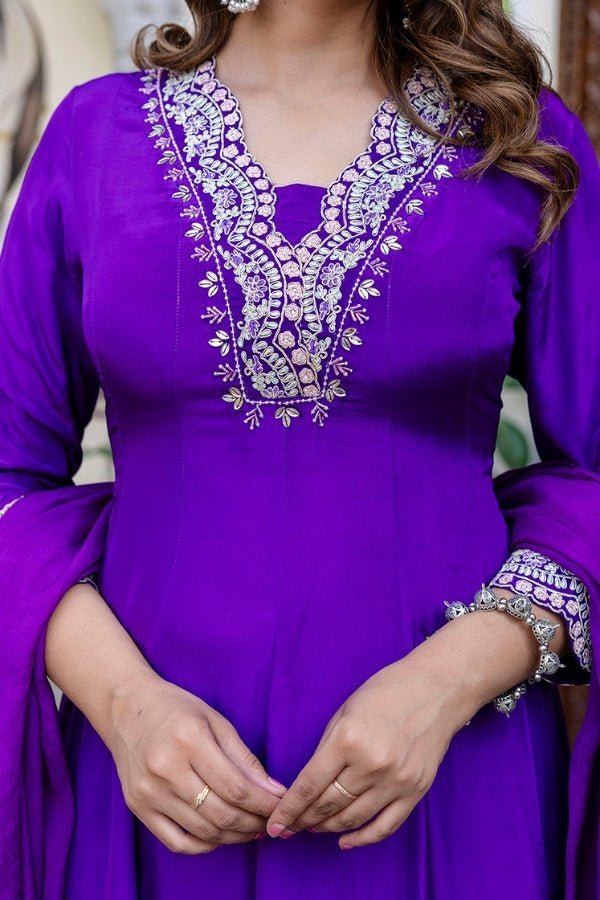 Purple Muslin Anarkali with Exquisite Neck Handwork - Anusheet Fashion