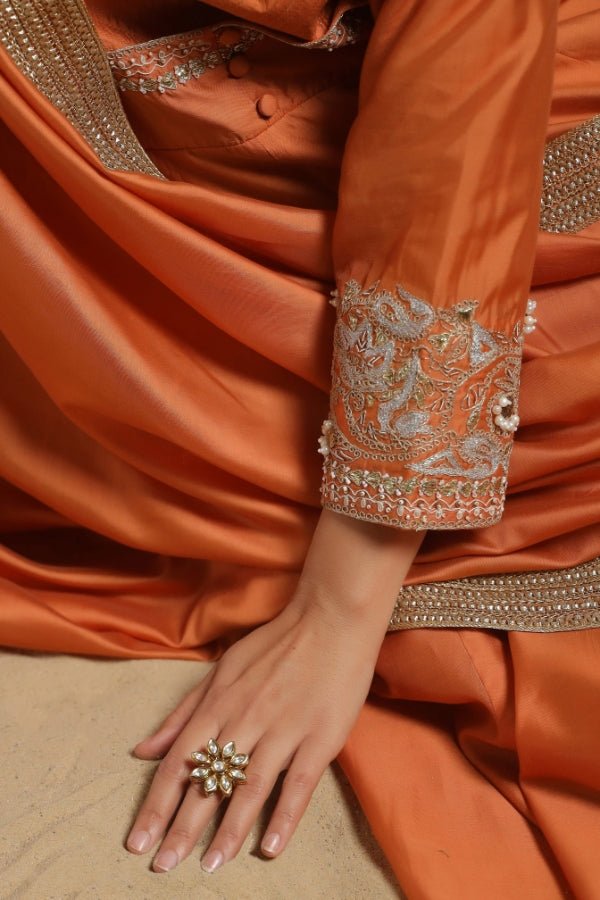 Rust Orange Anarkali with Hand - Embroidered Detailing - Anusheet Fashion