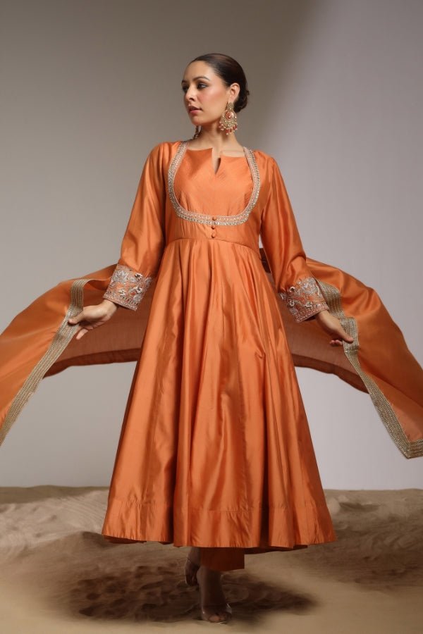 Rust Orange Anarkali with Hand - Embroidered Detailing - Anusheet Fashion