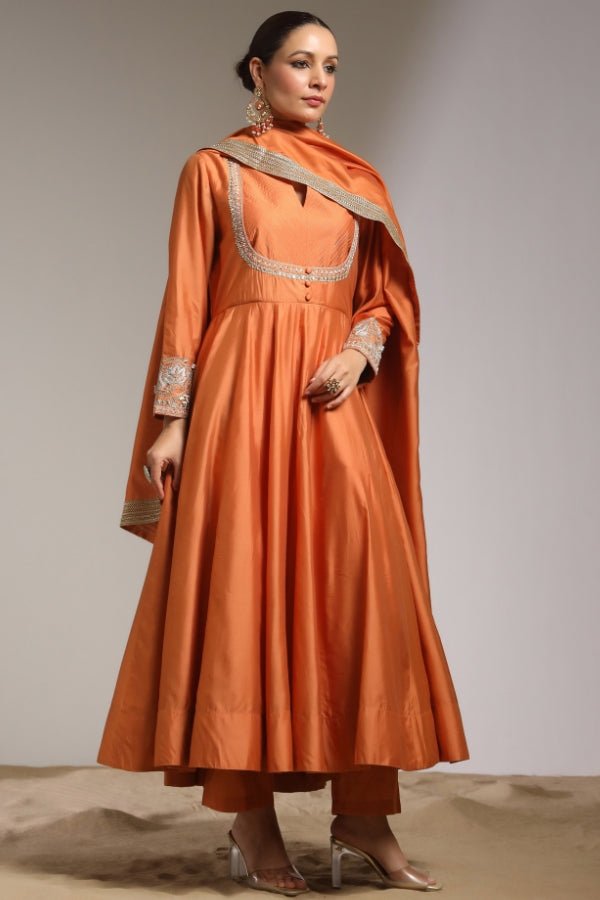 Rust Orange Anarkali with Hand - Embroidered Detailing - Anusheet Fashion