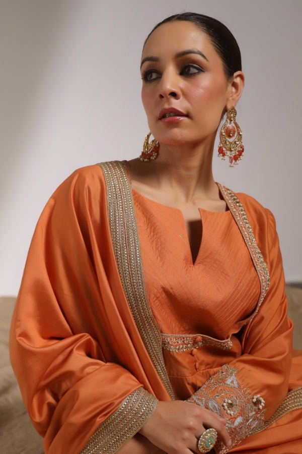 Rust Orange Anarkali with Hand - Embroidered Detailing - Anusheet Fashion