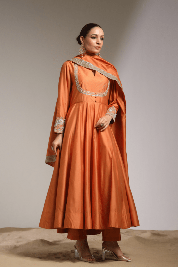 Rust Orange Anarkali with Hand - Embroidered Detailing - Anusheet Fashion