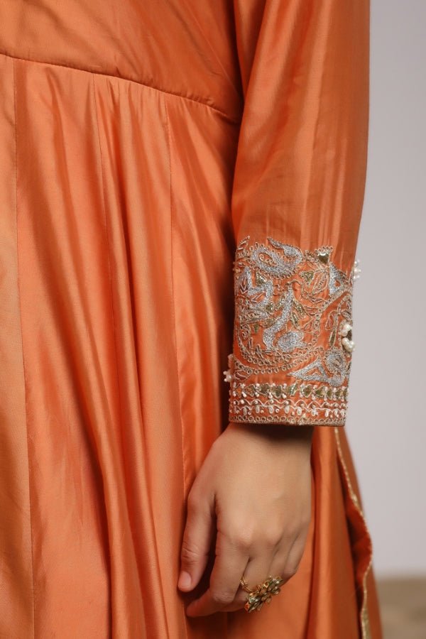 Rust Orange Anarkali with Hand - Embroidered Detailing - Anusheet Fashion