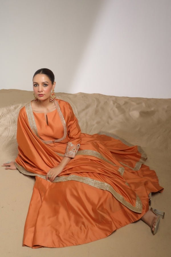 Rust Orange Anarkali with Hand - Embroidered Detailing - Anusheet Fashion