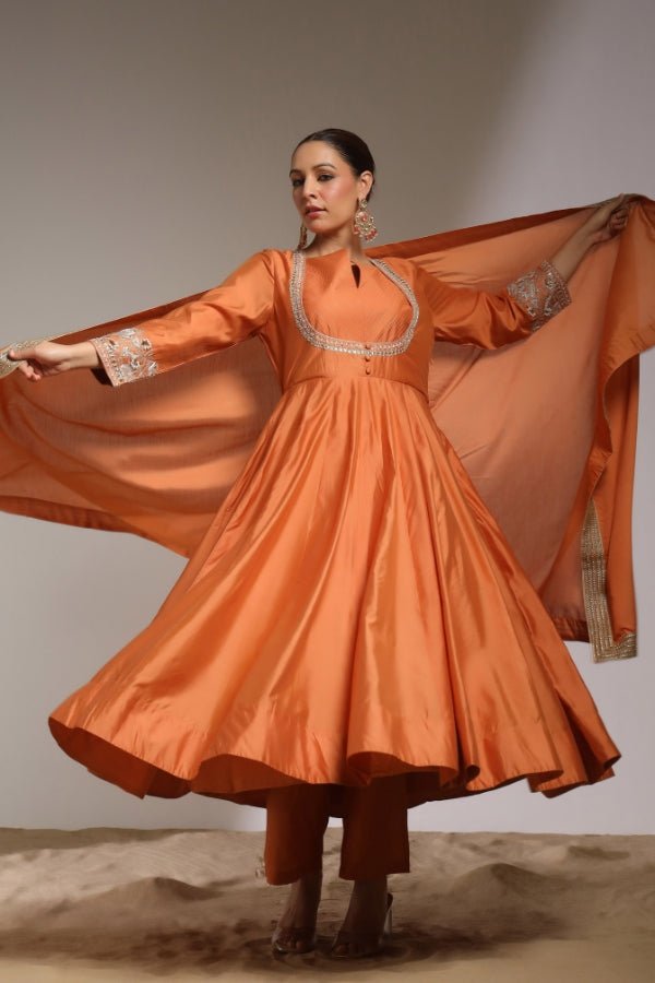 Rust Orange Anarkali with Hand - Embroidered Detailing - Anusheet Fashion