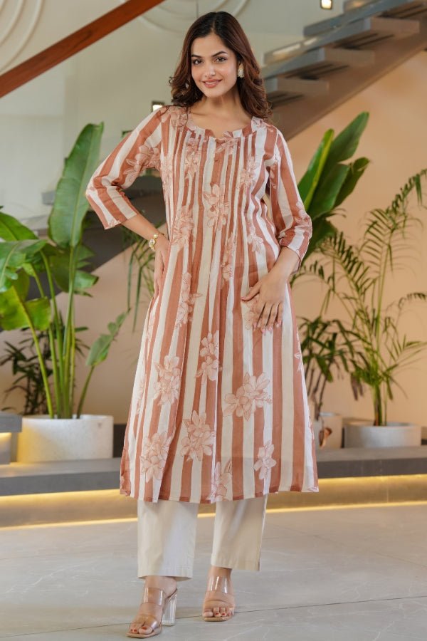 Rust Striped & Floral Flared Kurti with Trouser Set 2 Piece Summer Outfit - Anusheet Fashion