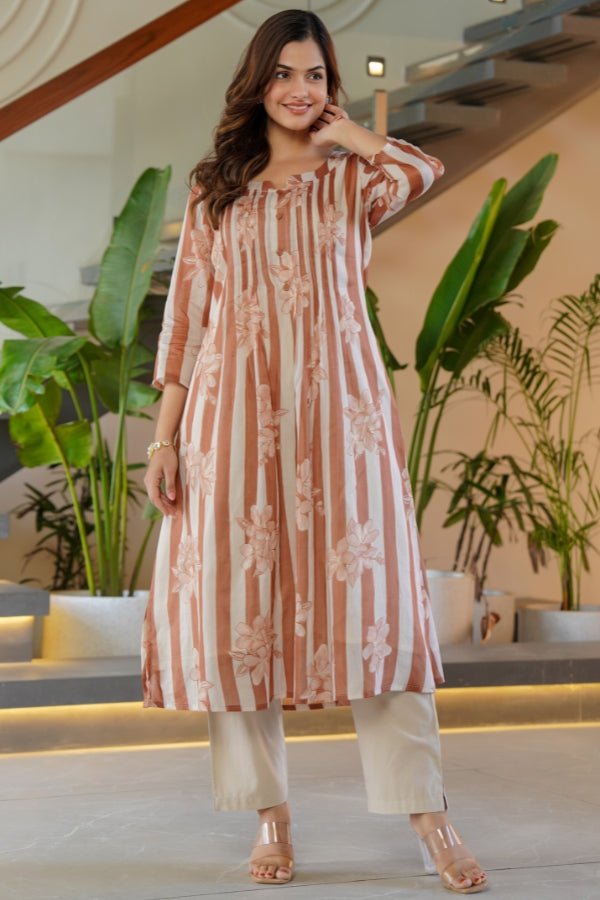 Rust Striped & Floral Flared Kurti with Trouser Set 2 Piece Summer Outfit - Anusheet Fashion