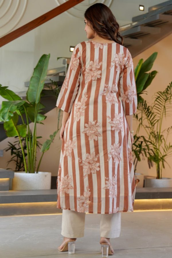 Rust Striped & Floral Flared Kurti with Trouser Set 2 Piece Summer Outfit - Anusheet Fashion