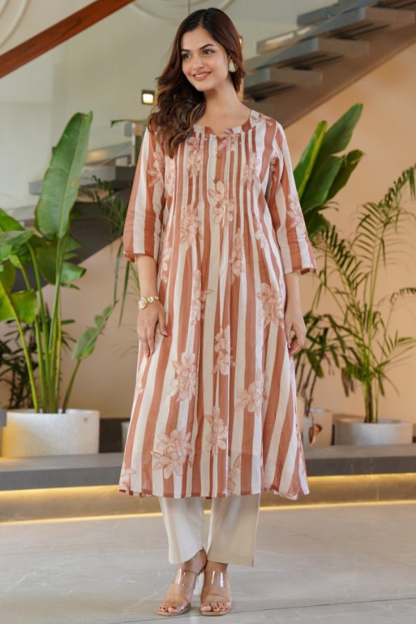 Rust Striped & Floral Flared Kurti with Trouser Set 2 Piece Summer Outfit - Anusheet Fashion