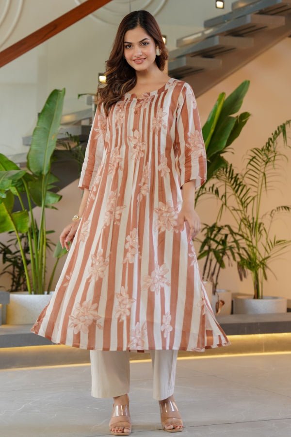 Rust Striped & Floral Flared Kurti with Trouser Set 2 Piece Summer Outfit - Anusheet Fashion