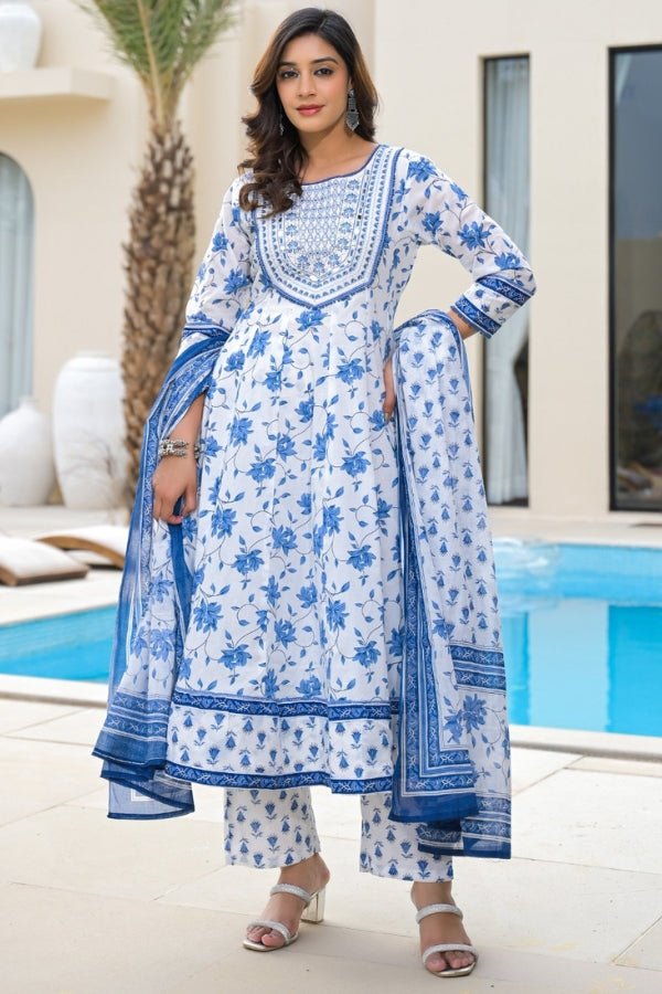 Sky Blue 3 - Piece Kurti, Pant & Dupatta Set Embroidered Floral Elegance - Anusheet Fashion