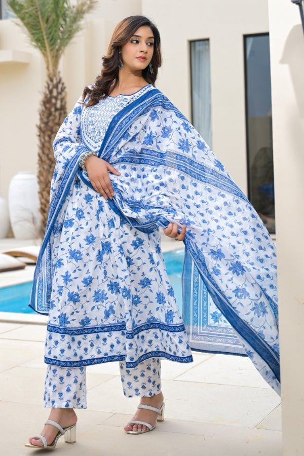 Sky Blue 3 - Piece Kurti, Pant & Dupatta Set Embroidered Floral Elegance - Anusheet Fashion