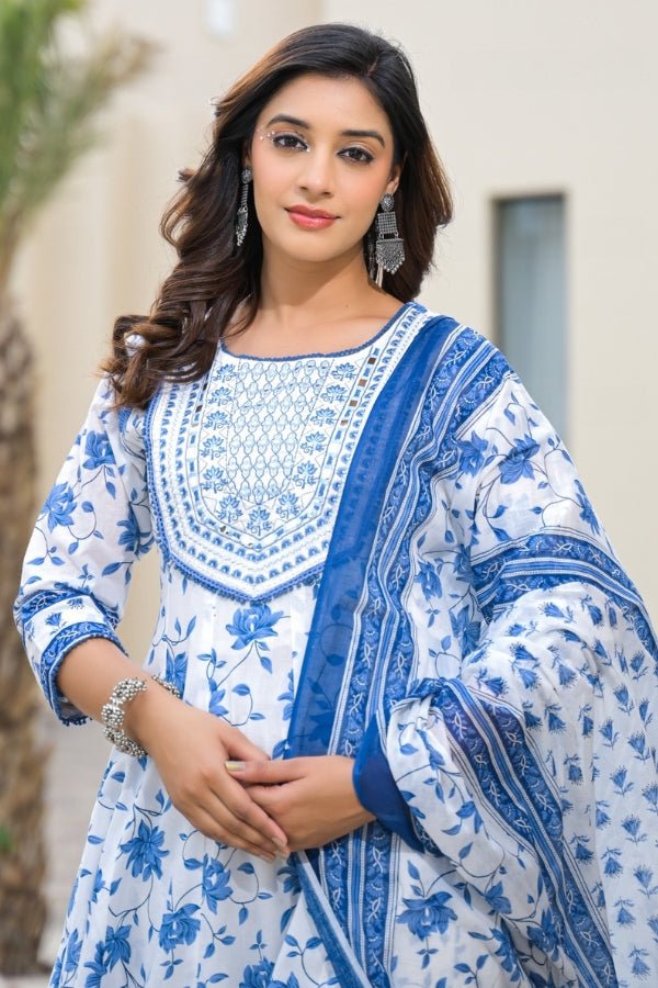 Sky Blue 3 - Piece Kurti, Pant & Dupatta Set Embroidered Floral Elegance - Anusheet Fashion