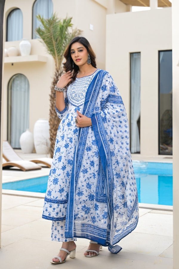 Sky Blue 3 - Piece Kurti, Pant & Dupatta Set Embroidered Floral Elegance - Anusheet Fashion