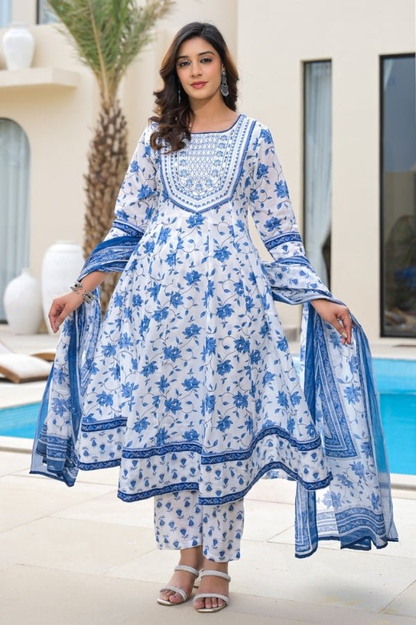 Sky Blue 3 - Piece Kurti, Pant & Dupatta Set Embroidered Floral Elegance - Anusheet Fashion