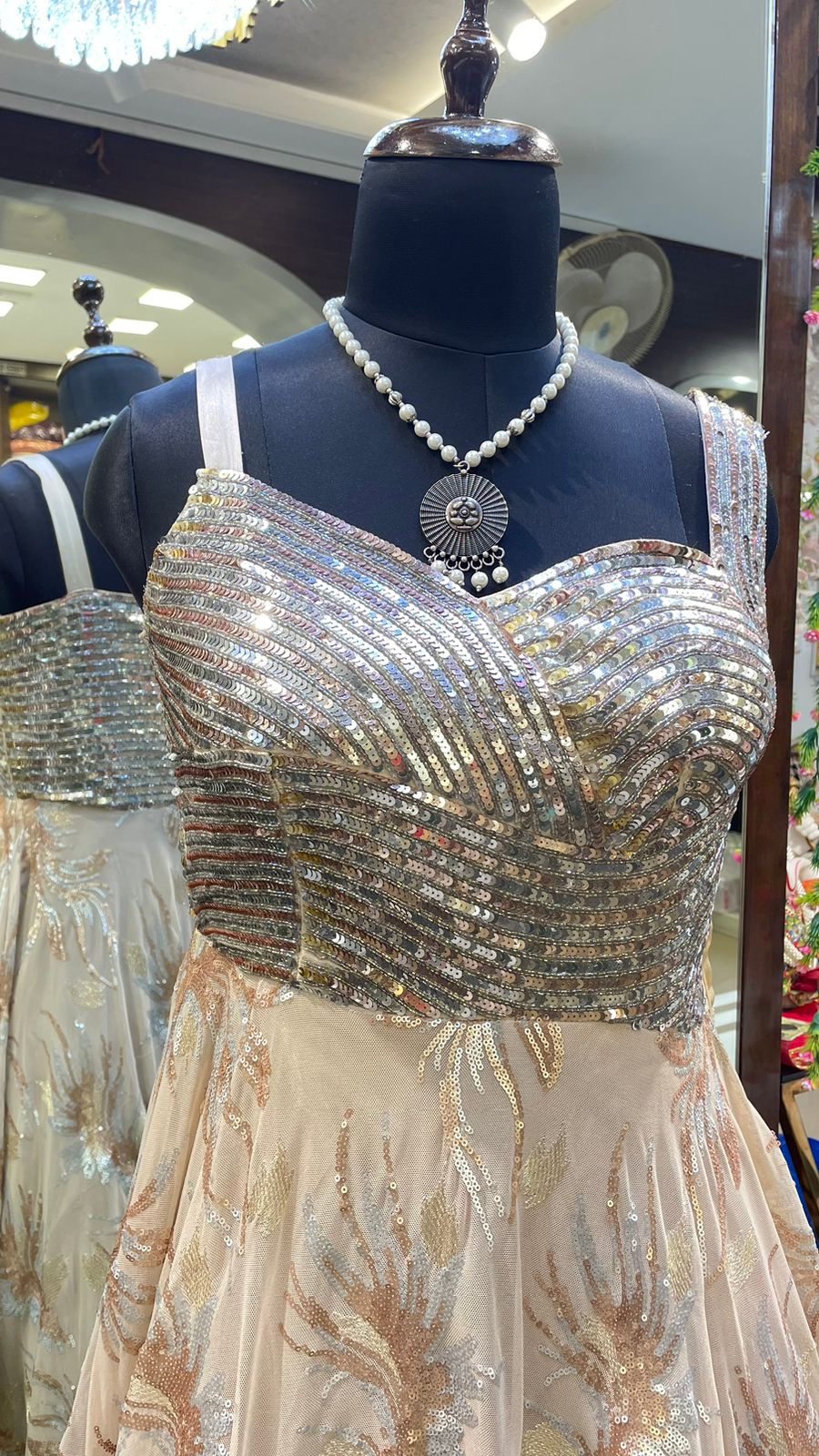 Sparkling Sequin Beige Party Gown - Anusheet Fashion