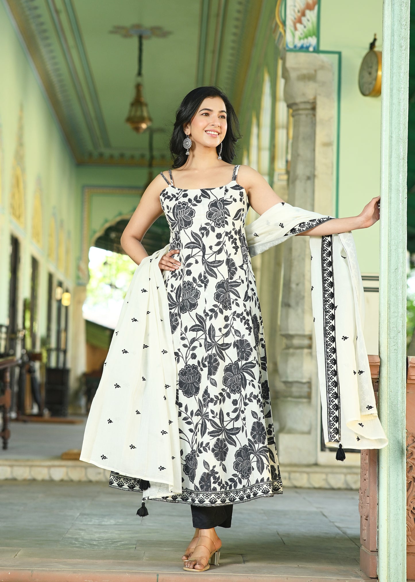 White & Black Floral Anarkali Kurta Set | Spaghetti Strap Ethnic Dress with Dupatta | Indo-Western Festive Wear