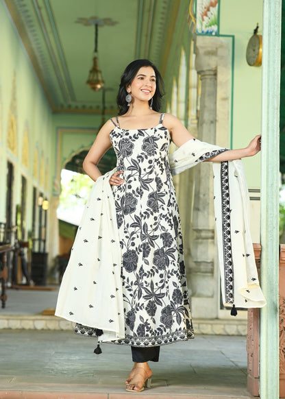 White & Black Floral Anarkali Kurta Set | Spaghetti Strap Ethnic Dress with Dupatta | Indo-Western Festive Wear