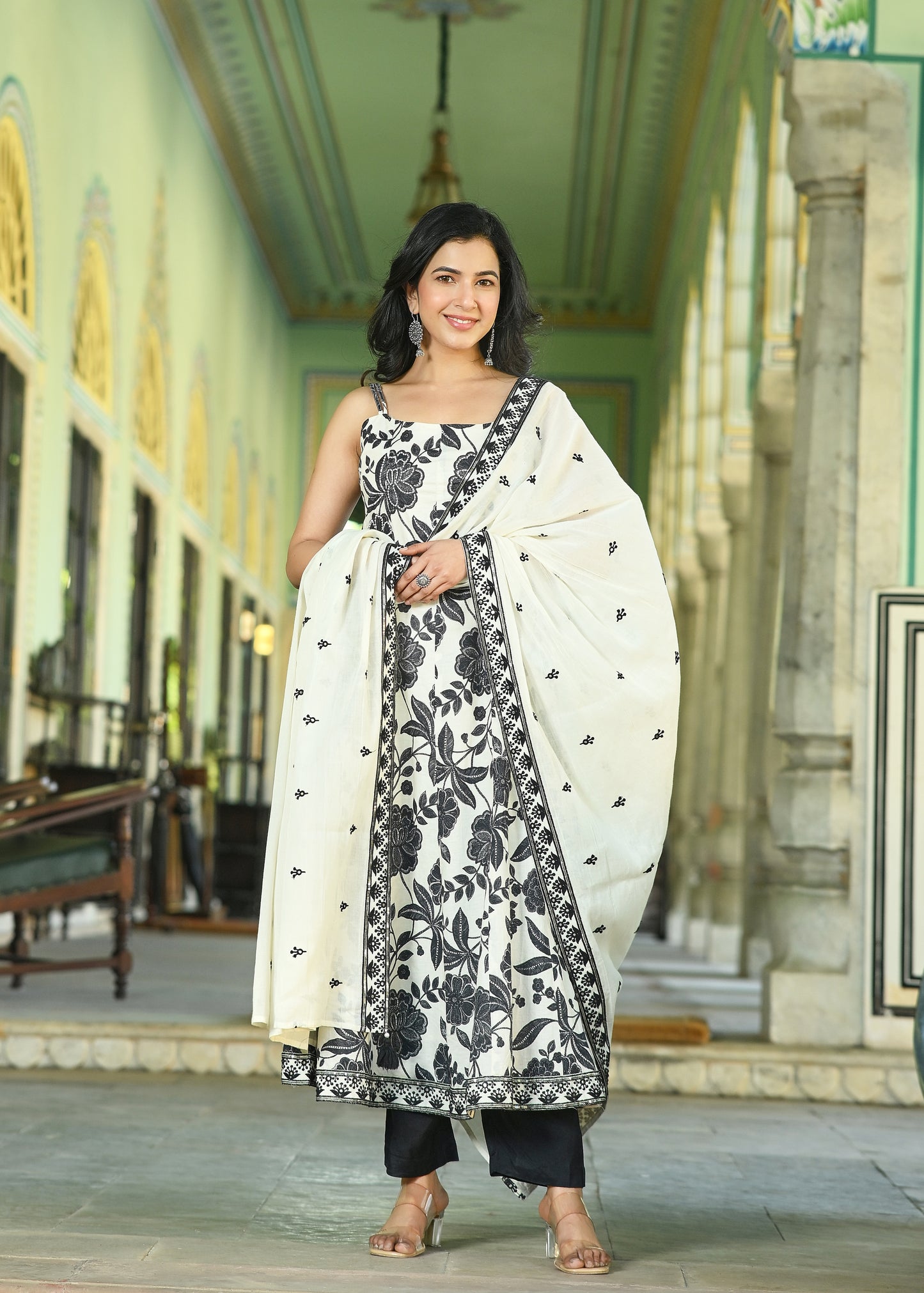 White & Black Floral Anarkali Kurta Set | Spaghetti Strap Ethnic Dress with Dupatta | Indo-Western Festive Wear