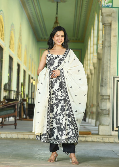 White & Black Floral Anarkali Kurta Set | Spaghetti Strap Ethnic Dress with Dupatta | Indo-Western Festive Wear