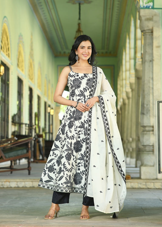 White & Black Floral Anarkali Kurta Set | Spaghetti Strap Ethnic Dress with Dupatta | Indo-Western Festive Wear