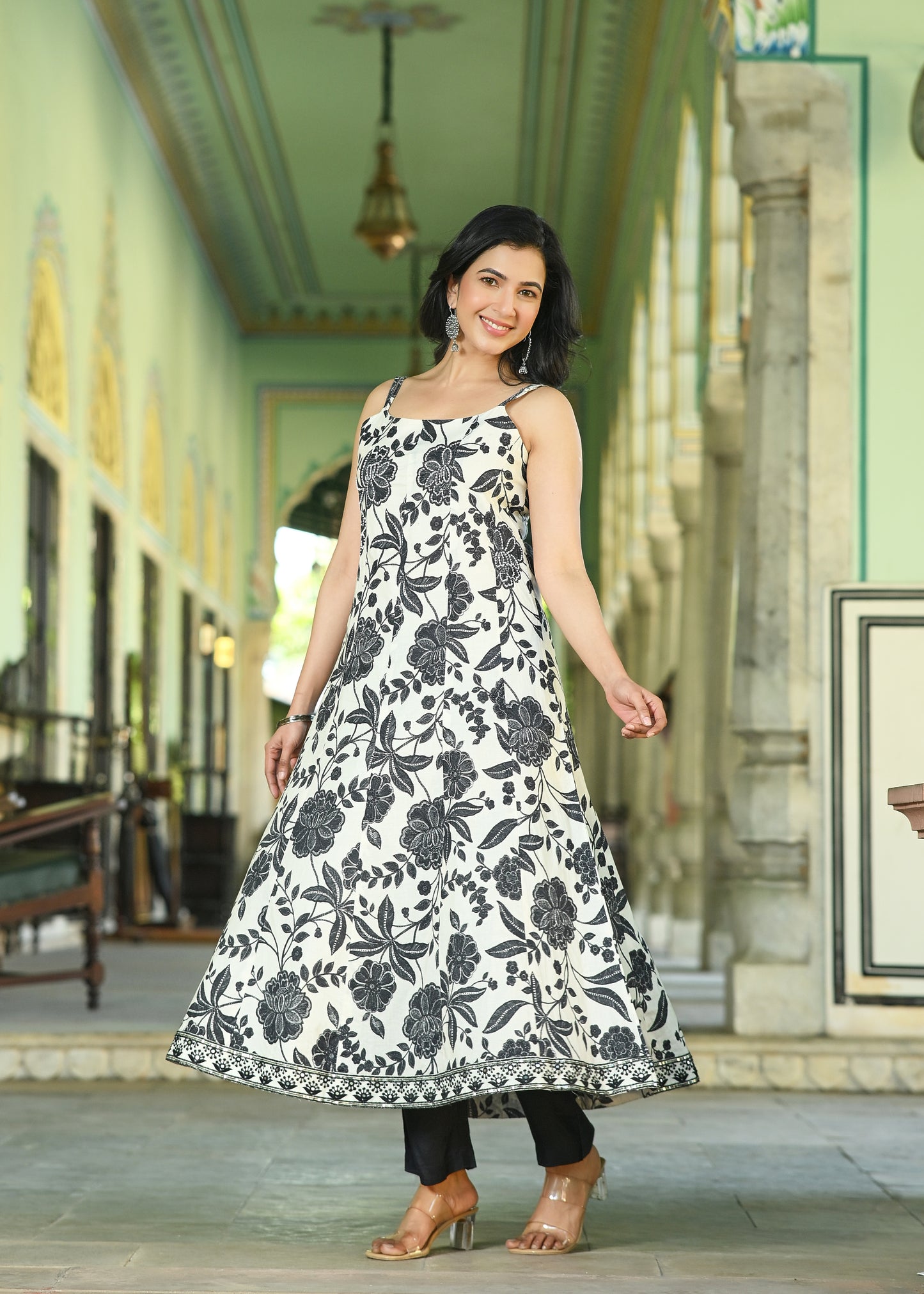 White & Black Floral Anarkali Kurta Set | Spaghetti Strap Ethnic Dress with Dupatta | Indo-Western Festive Wear
