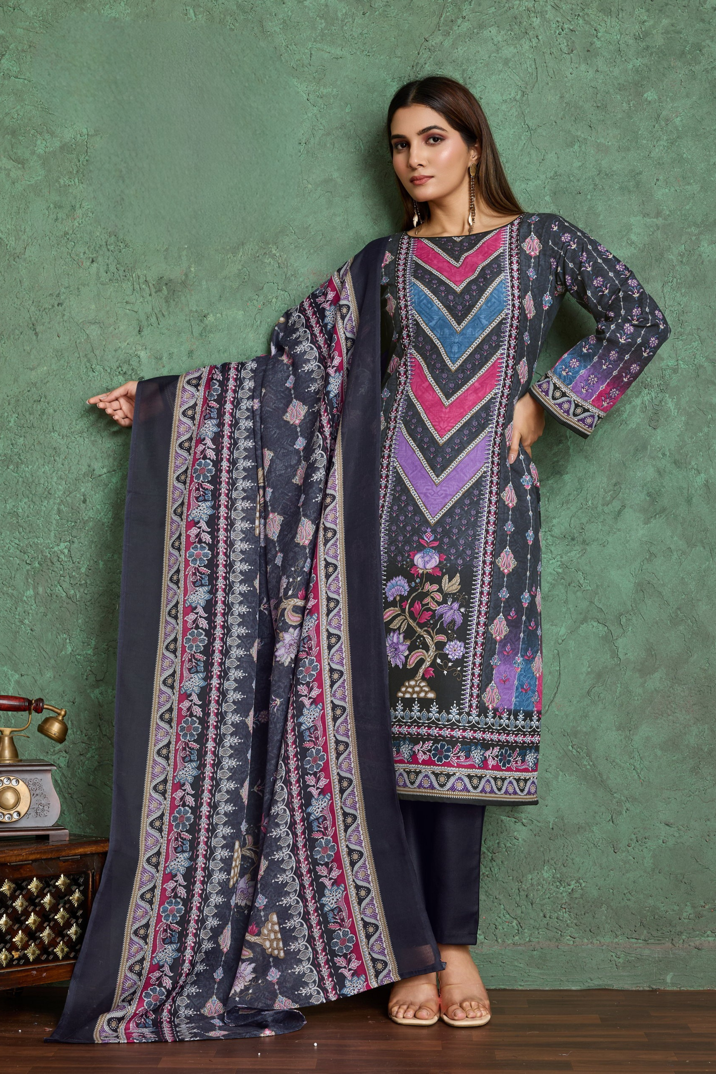 Noor Jahan Black Unstitched Salwar Suit Material