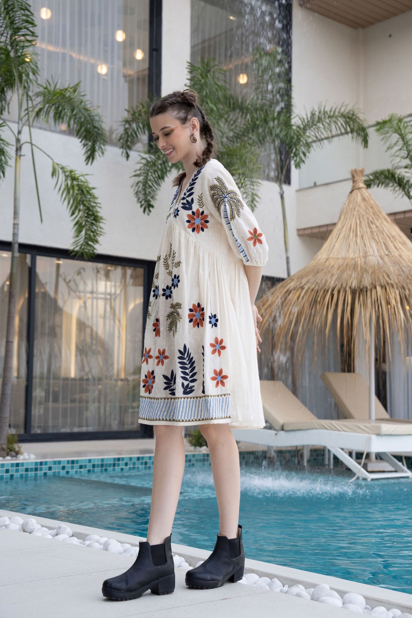 Women's White Boho Embroidered Short Dress | V-Neck Flared Tunic
