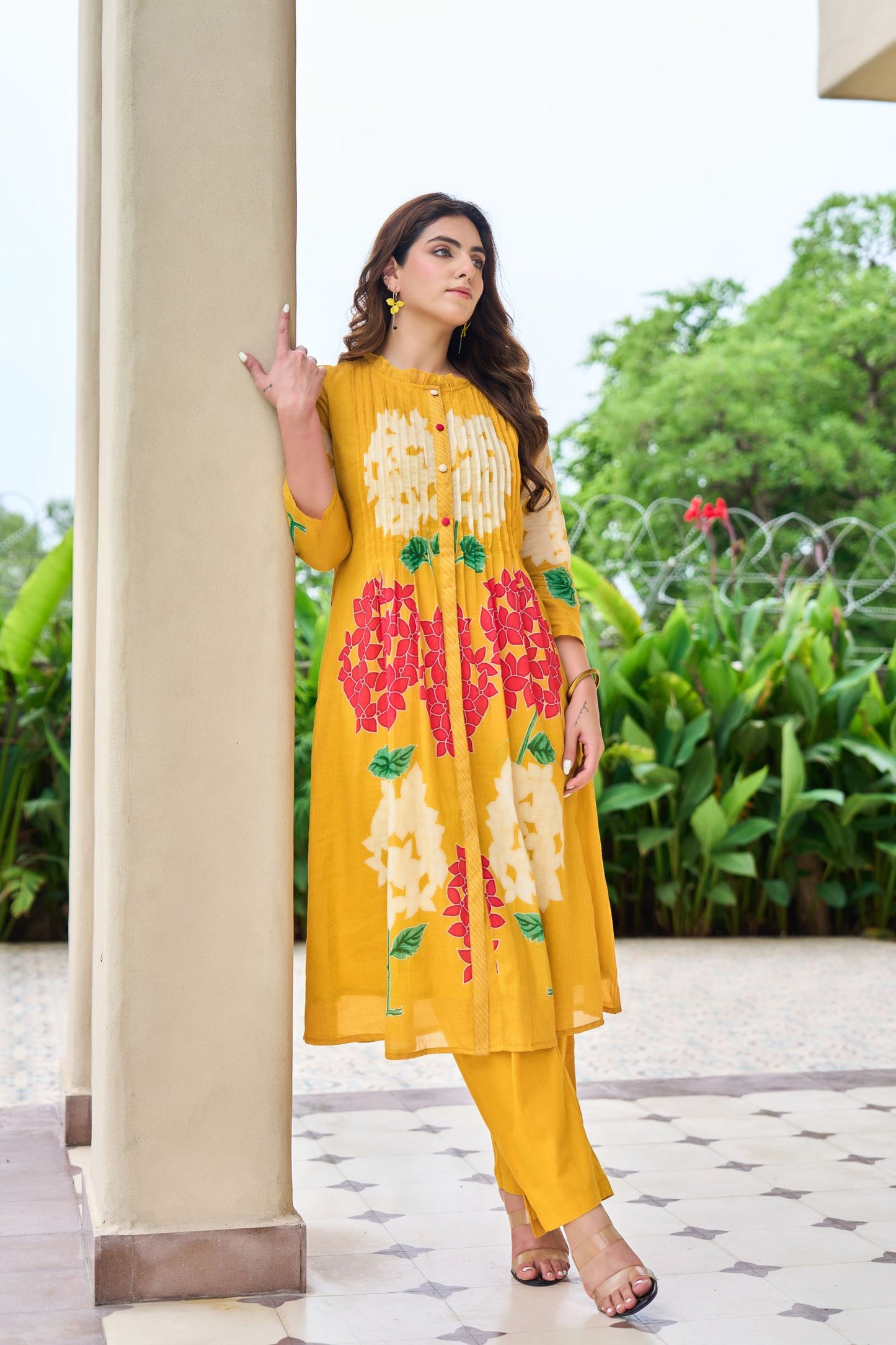 Mustard Yellow Floral Embroidered Kurta Set with Straight Pants | Festive & Casual Wear