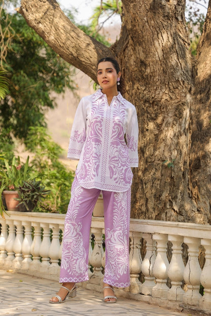 Lavender & White Ethnic Print Co-Ord Set for Women Stylish Printed Top & Pant Set