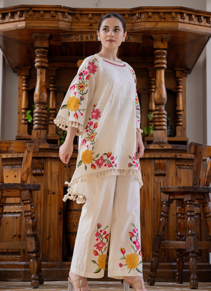 White Handcrafted Floral Embroidered Co-Ord Set |  Ivory Blossom🌸