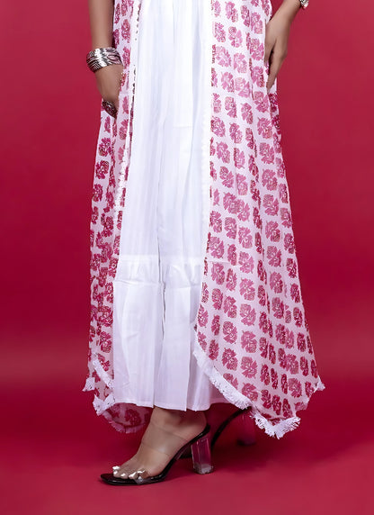 Women’s Cotton White & Pink Printed Dress with Stylish Jacket 🌸✨