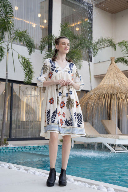 Women's White Boho Embroidered Short Dress | V-Neck Flared Tunic