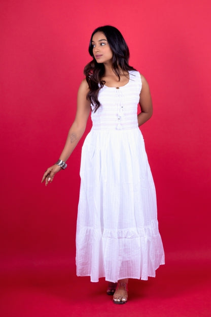 👗 Elegant White & Light Purple Embroidered Midi Dress Festive & Casual Wear 🌸