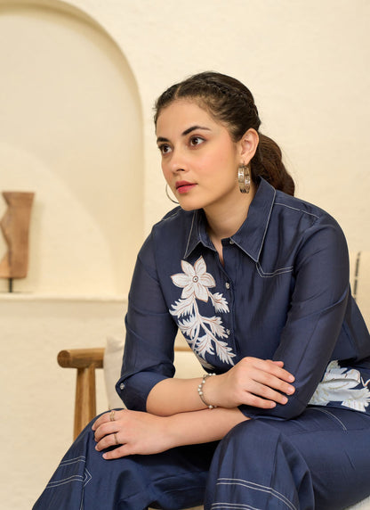 Elegant Floral Embroidered Blue Tunic with Matching Pants