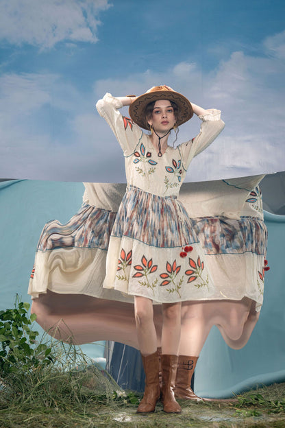 Women's Bohemian Cream Embroidered Flared Dress | V-Neck A-Line Tunic