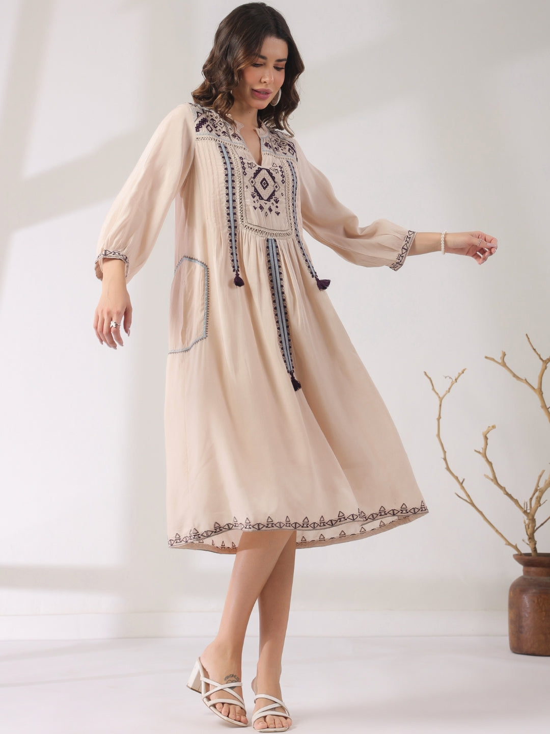 🤍 Elegant White Hand-Embroidered Midi Dress