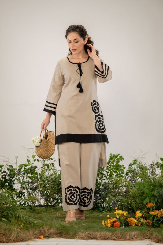 Chic Beige Co-Ord Set 🌟Bold Black Thread Embroidery 🌹 Perfect for Every Occasion 🎉